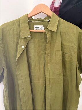 Scotch & Soda Olive Green Linen Short Sleeve Button-Down Shirt